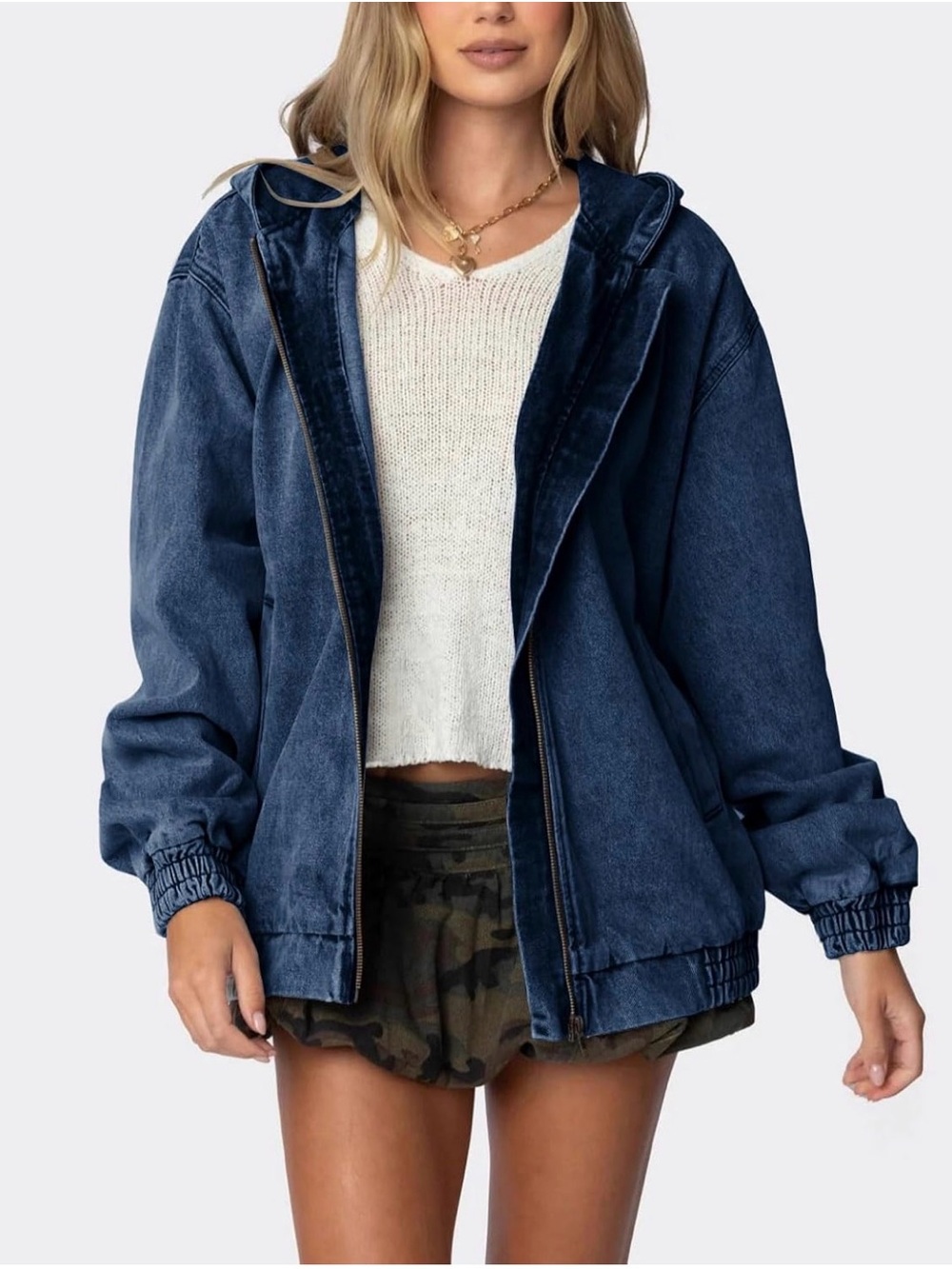 Chouyatou 2026 spring Hooded Dark Blue Denim Jacket zip up